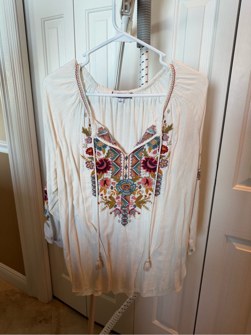 Johnny Was Cream Embroidered Boho Tunic with Multicolor Floral Detail